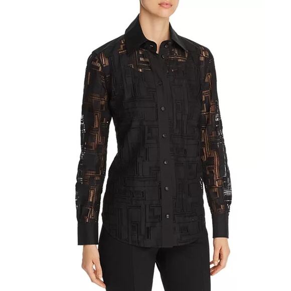 Lafayette 148 Women size Small Black Translucent Long Sleeve Blouse Cotton Blend - Picture 1 of 12
